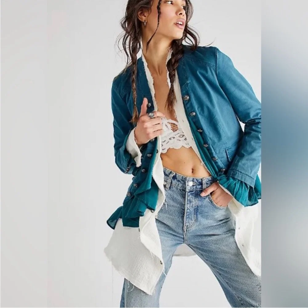 Free People Ruffles Romance Jacket in Teal Jewel - Picture 2 of 9